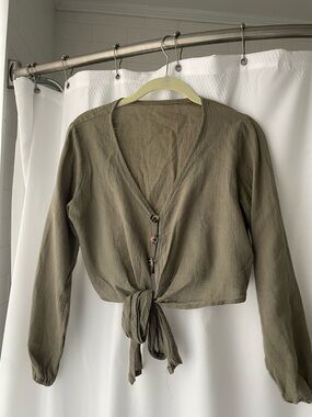 Olive Green Button Up Front Tie Blouse